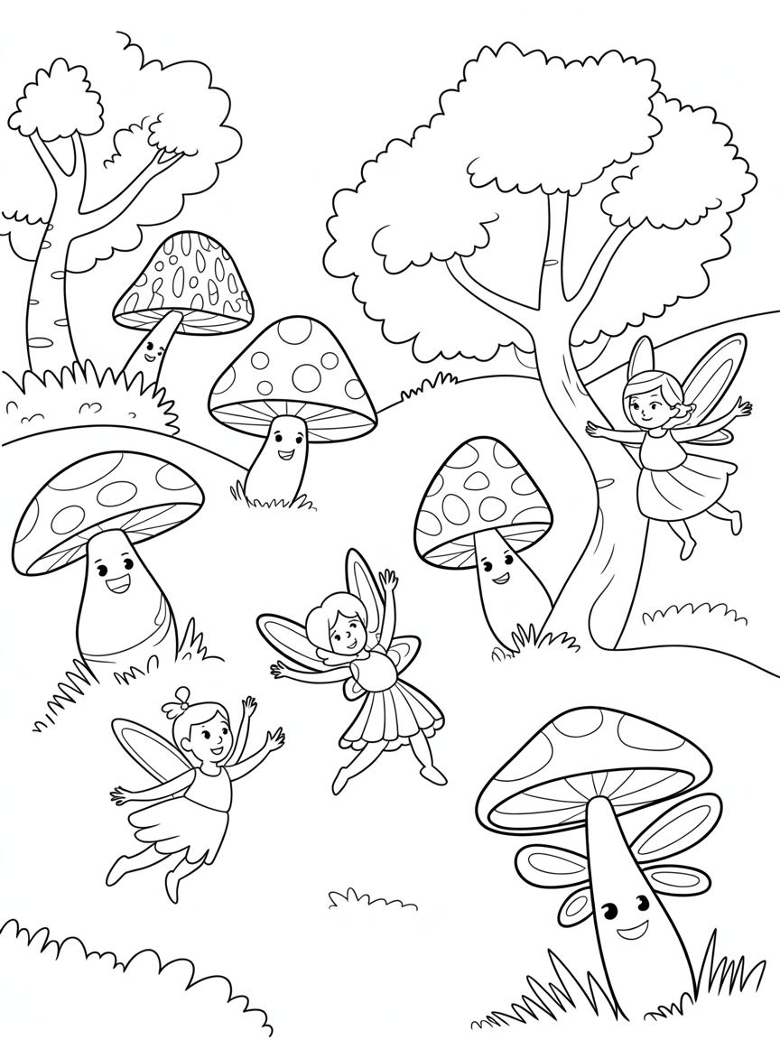 Magical mushroom forest with fairies - Free Coloring Page