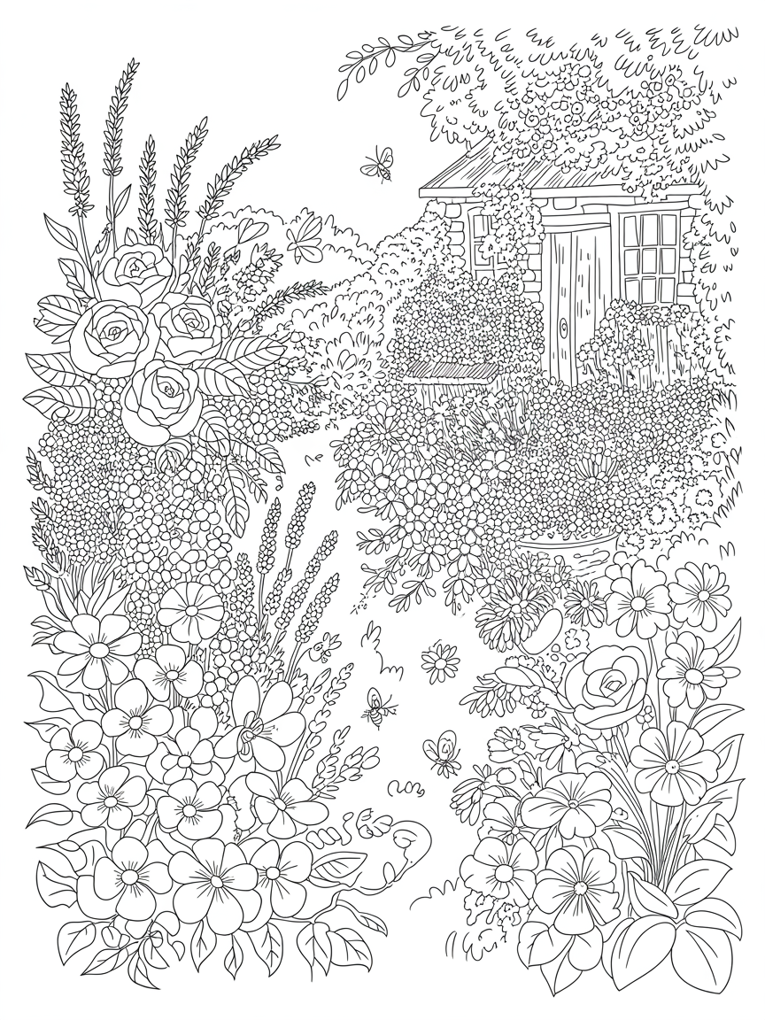 Flowers in a cottage garden - Free Coloring Page