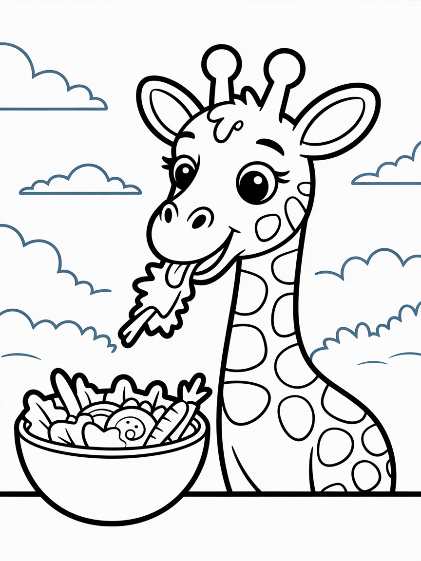 Giraffe eating salad - Free Coloring Page