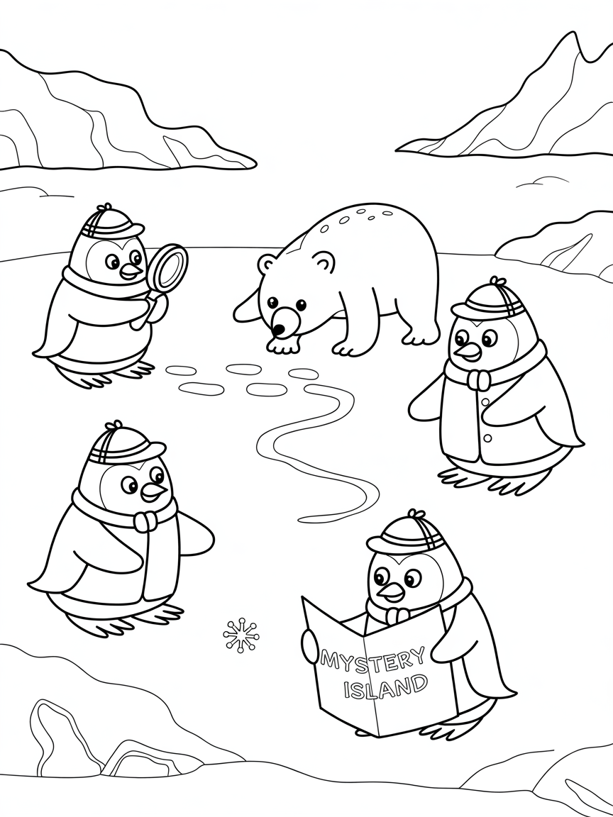 Penguin detectives solving a mystery - Free Coloring Page