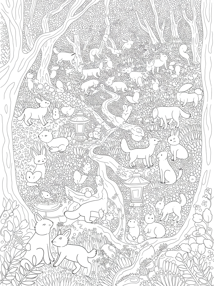 Forest with all cute animals inspired by Korean art - Free Coloring Page