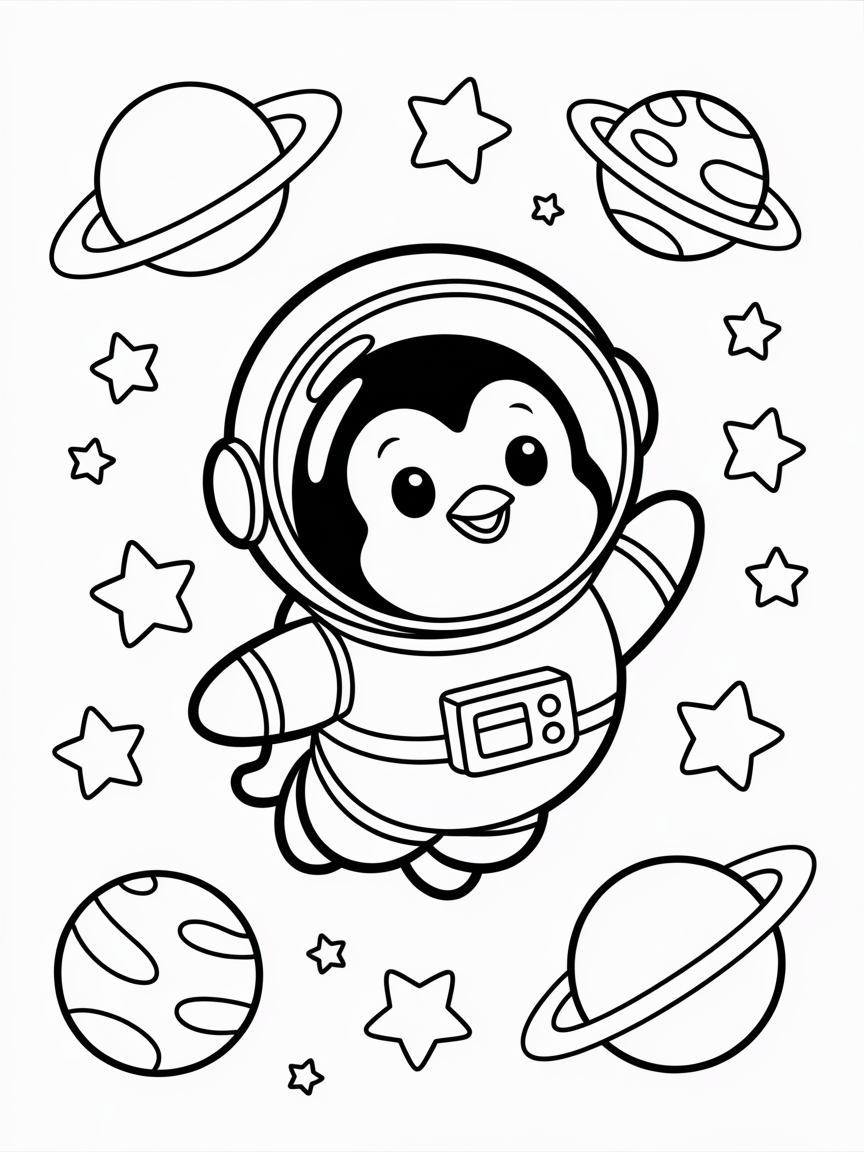 Penguin astronaut exploring outer space - Free Coloring Page