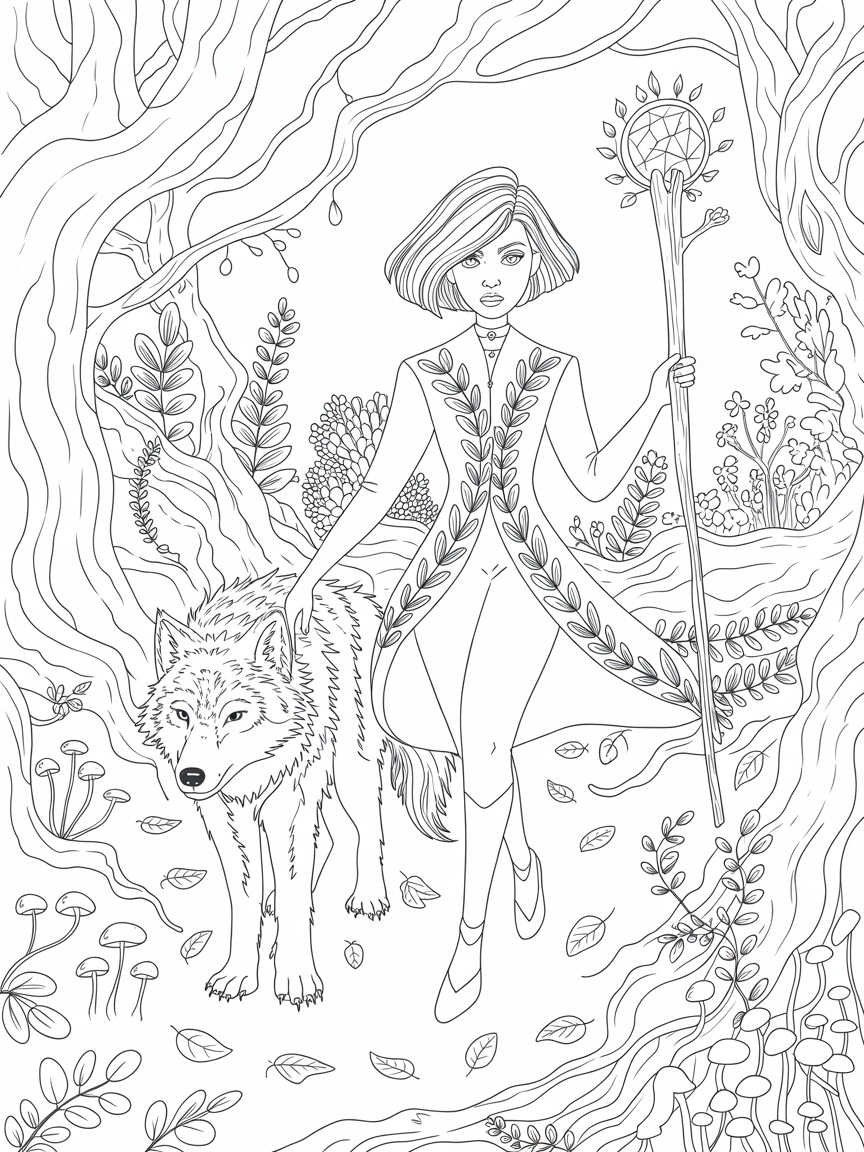 A witch with a very short style haircut walking through the woods with a wolf companion - Free Coloring Page
