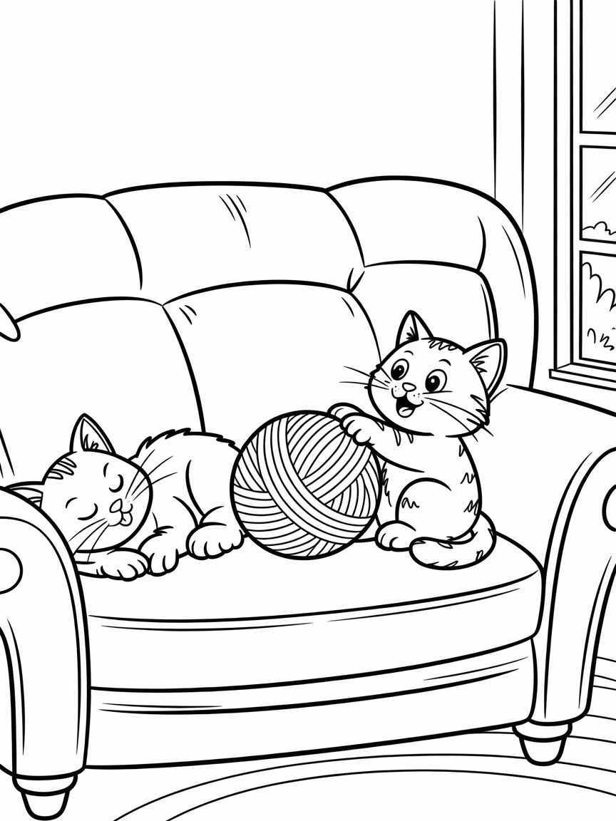 two cats lounging on a sofa in the living room - Free Coloring Page