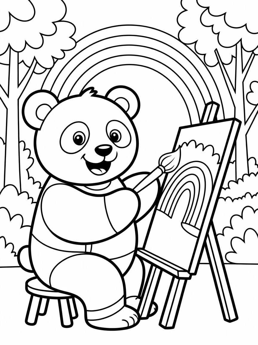 Panda painting a rainbow forest - Free Coloring Page