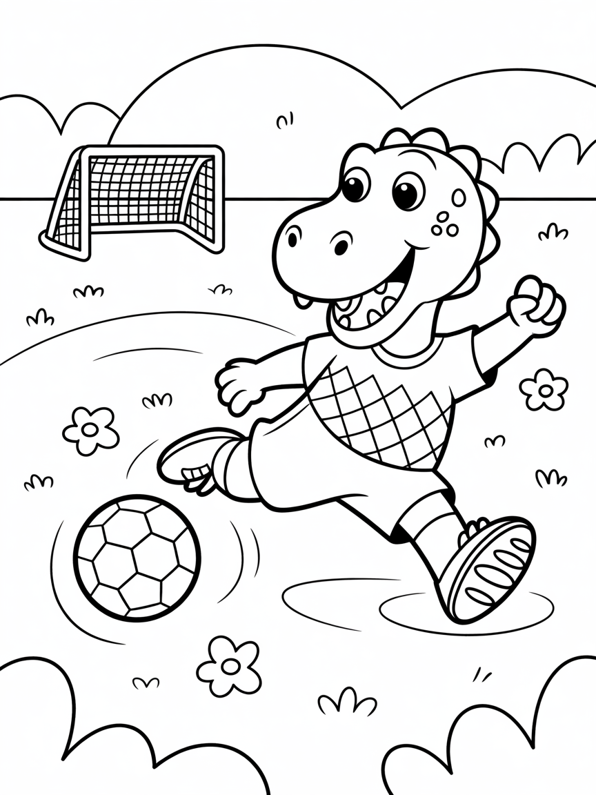 A friendly dinosaur playing soccer - Free Coloring Page