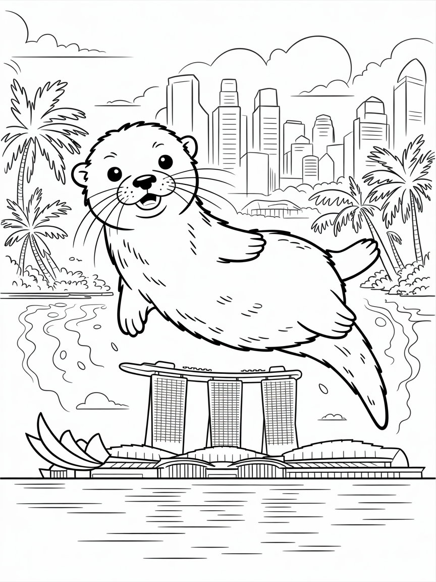 Cheeky otter swimming around Marina Bay Sands of Singapore - Free Coloring Page