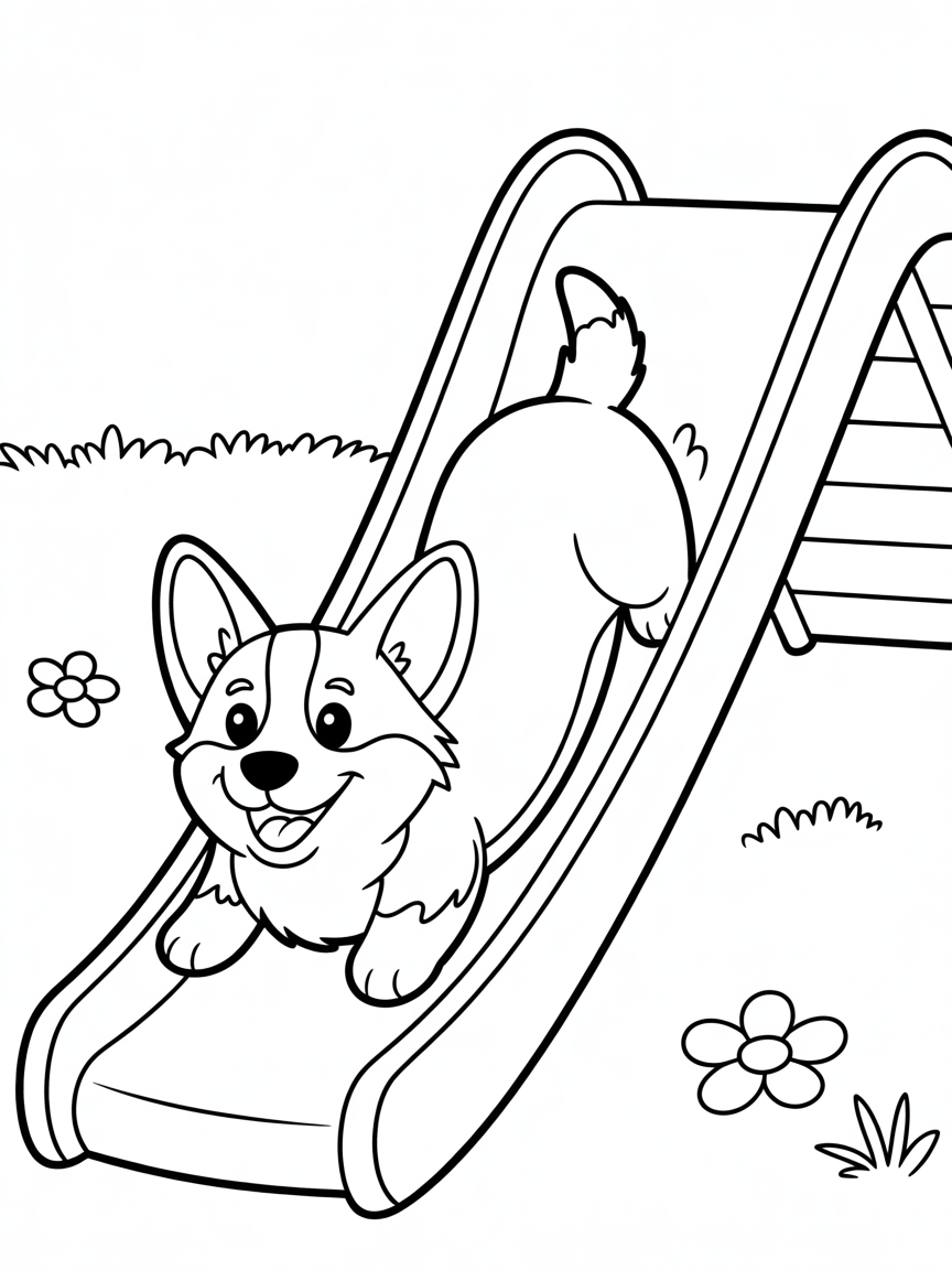A Corgi Going Down A Slide - Free Coloring Page