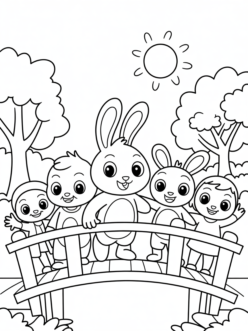 Bing bunny with his friends in a park on a bridge - Free Coloring Page