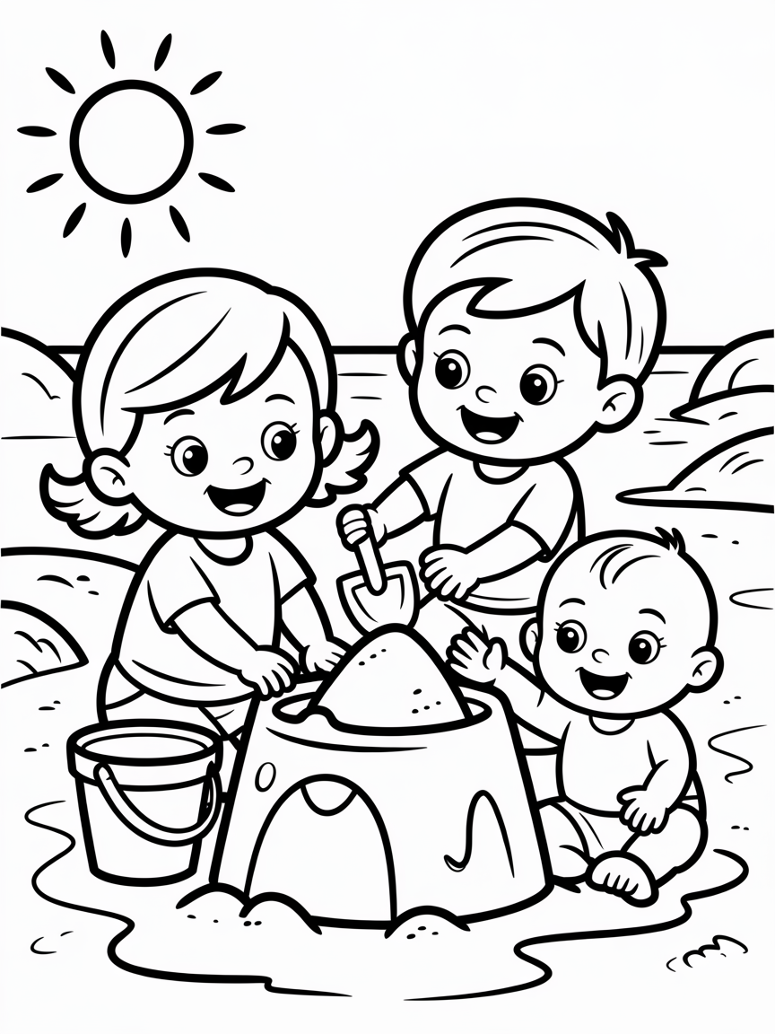 A girl, a boy and a baby at the beach - Free Coloring Page