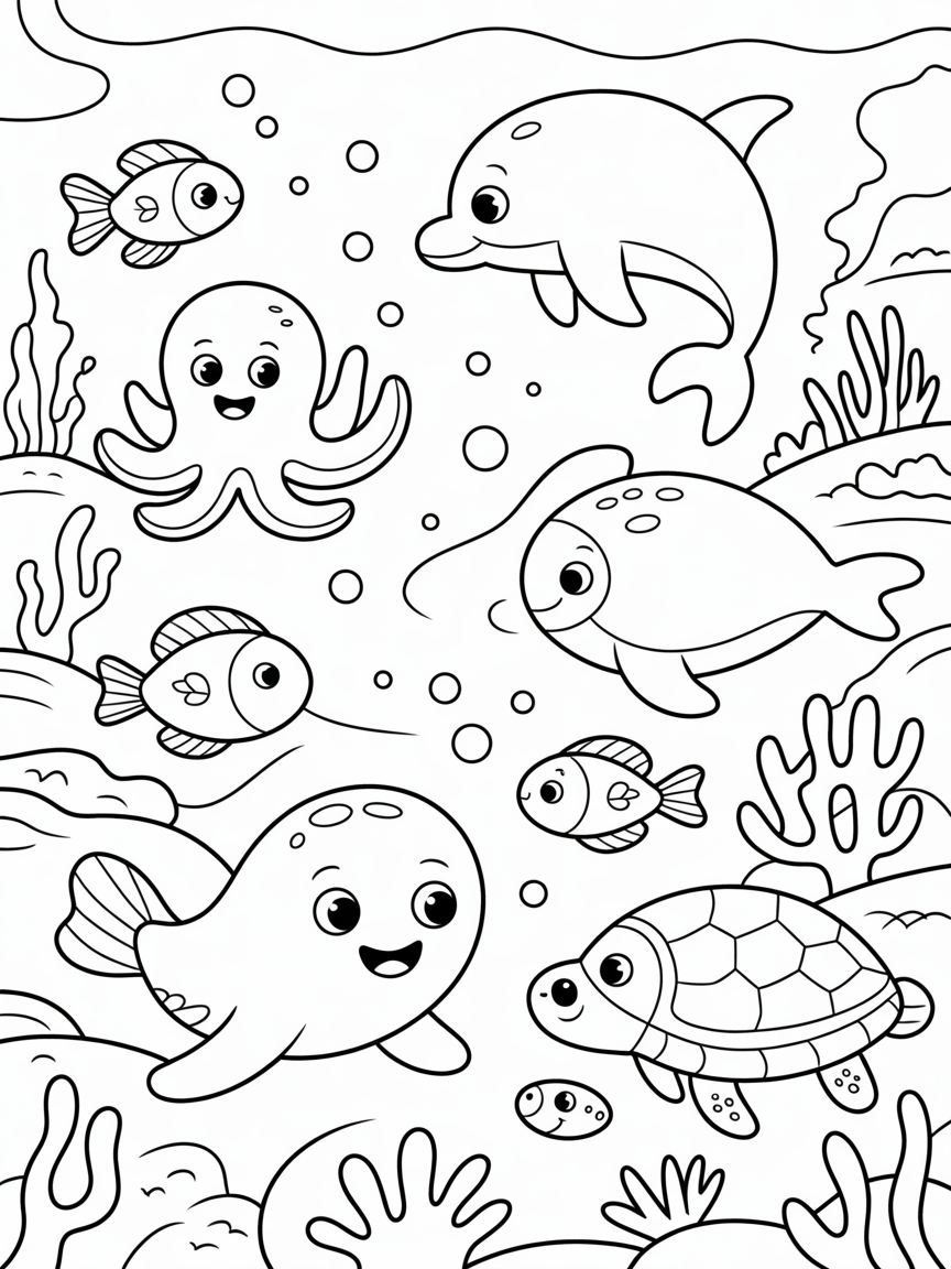 underwater world cute - Free Coloring Page
