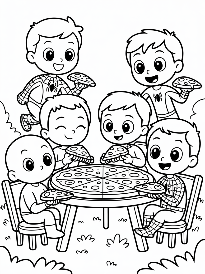 Spidey and friends eating pizza - Free Coloring Page