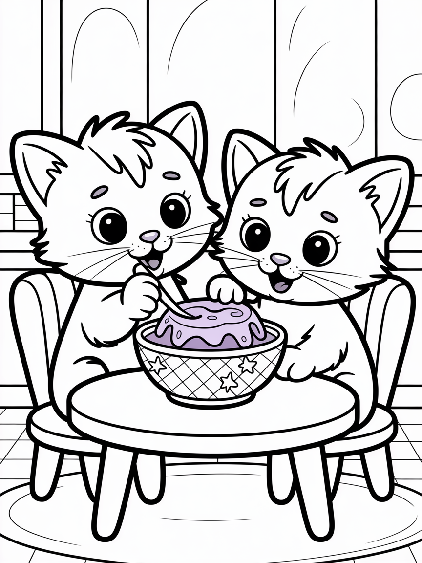 2 cute cats eating jelly - Free Coloring Page