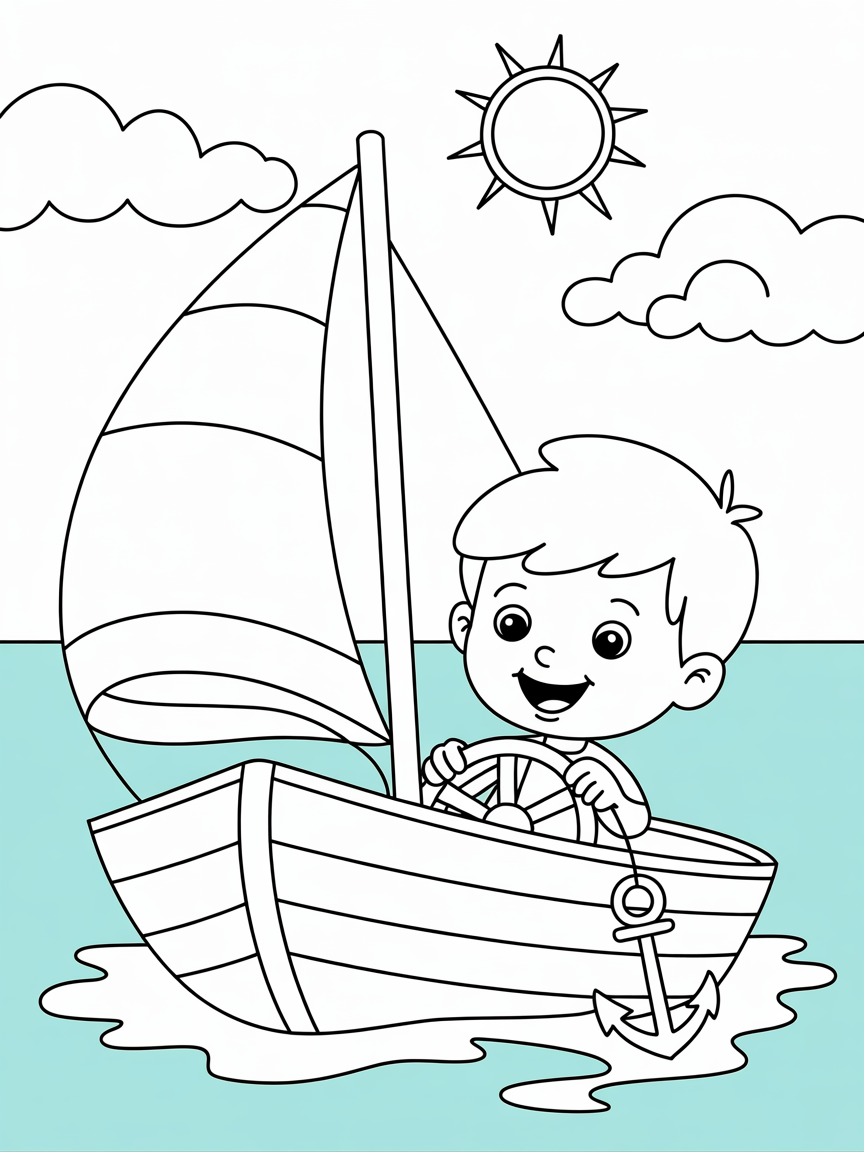 Small boy on a sailboat - Free Coloring Page