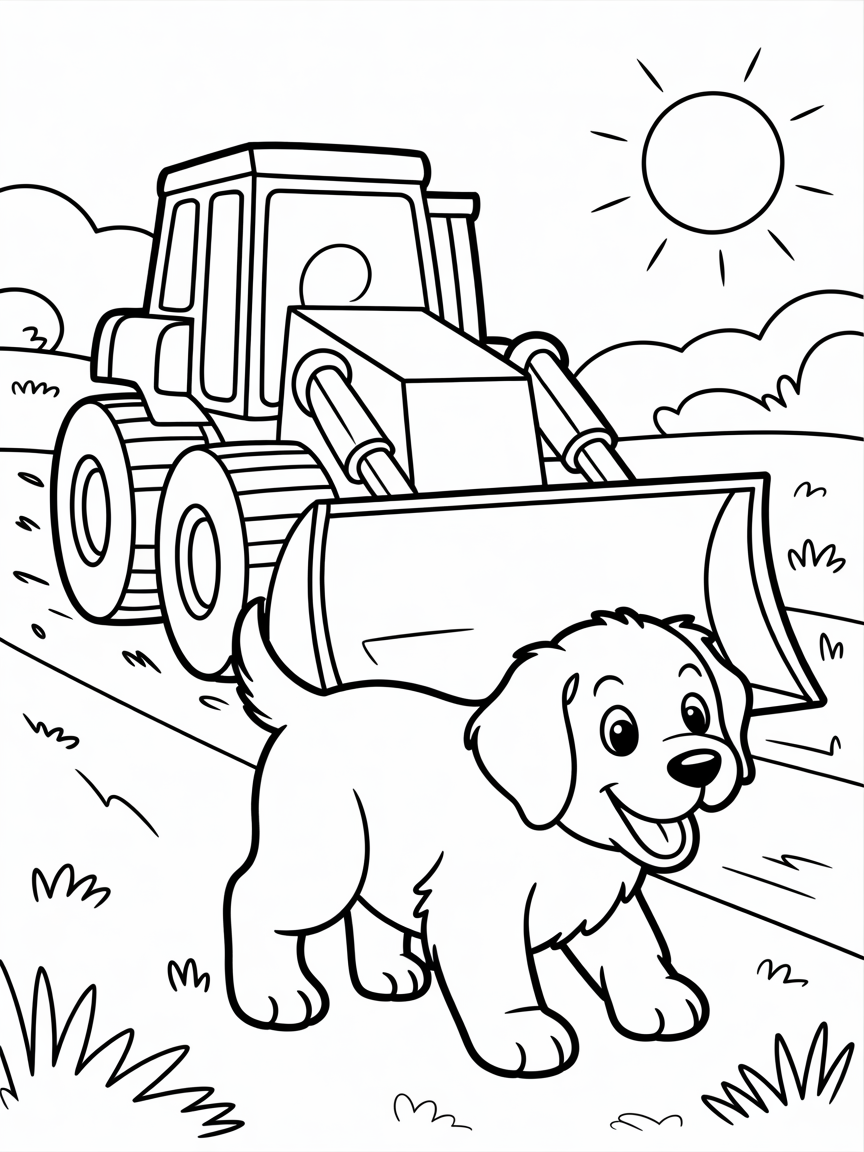 A bulldozer playing with a puppy - Free Coloring Page