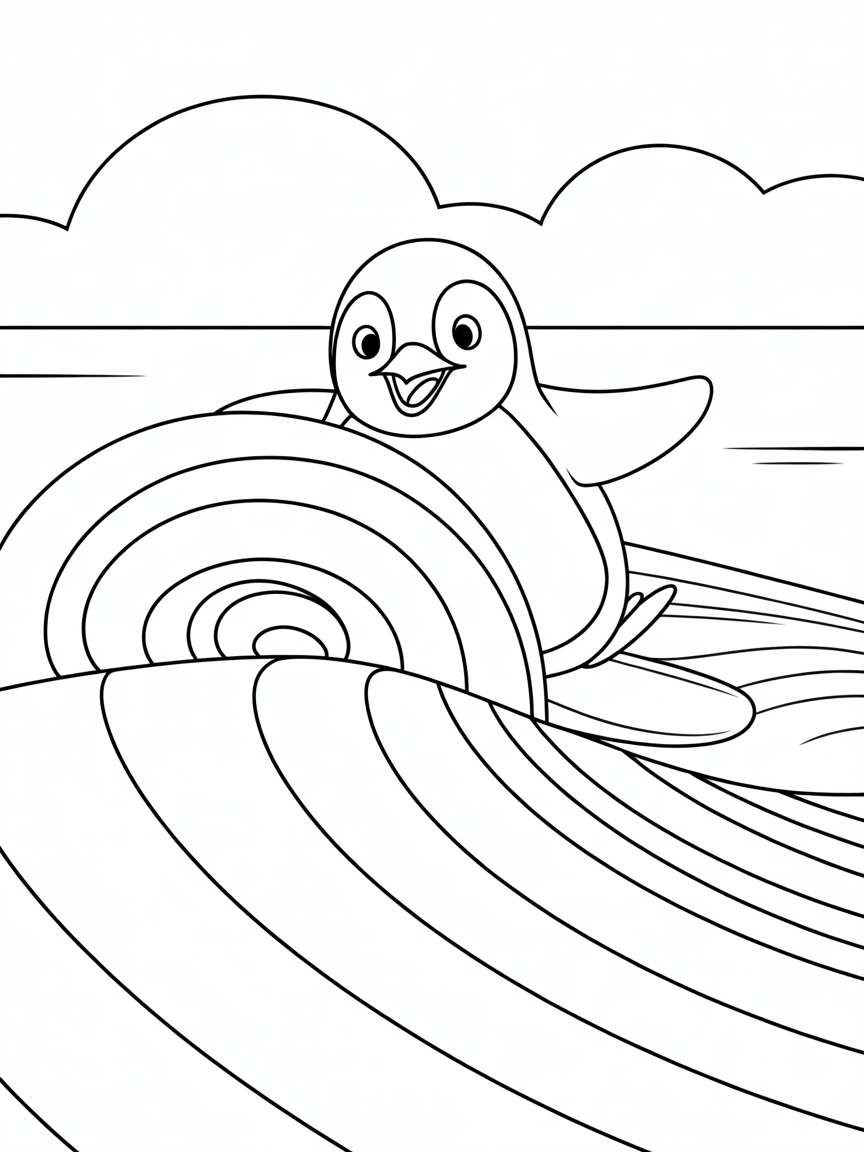 A penguin surfing rainbow waves - Free Coloring Page