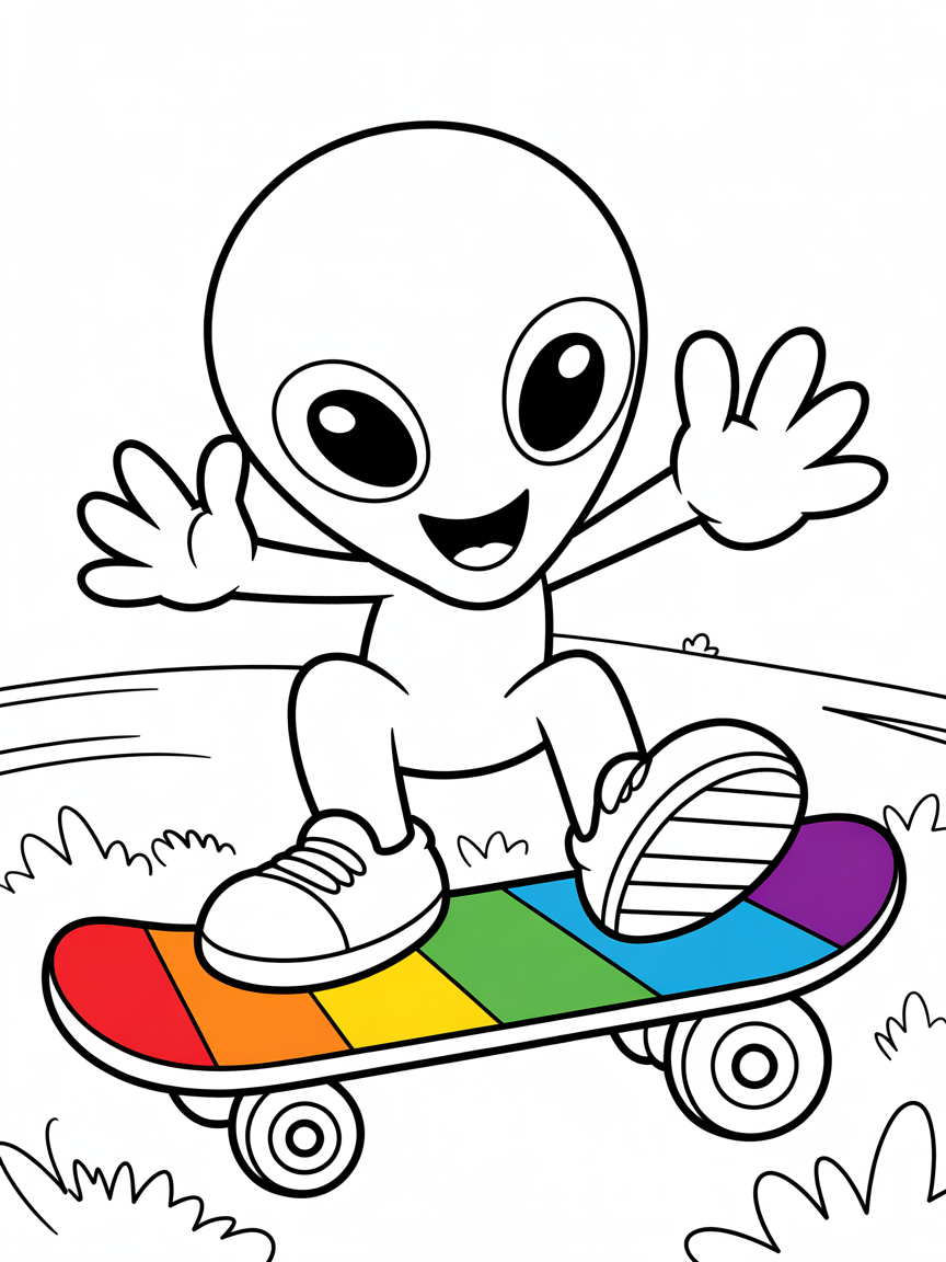 Alien riding a rainbow skateboard - Free Coloring Page