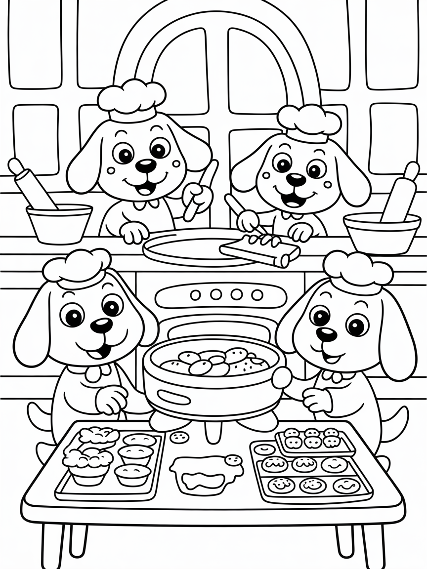 dogs operating a bakery - Free Coloring Page