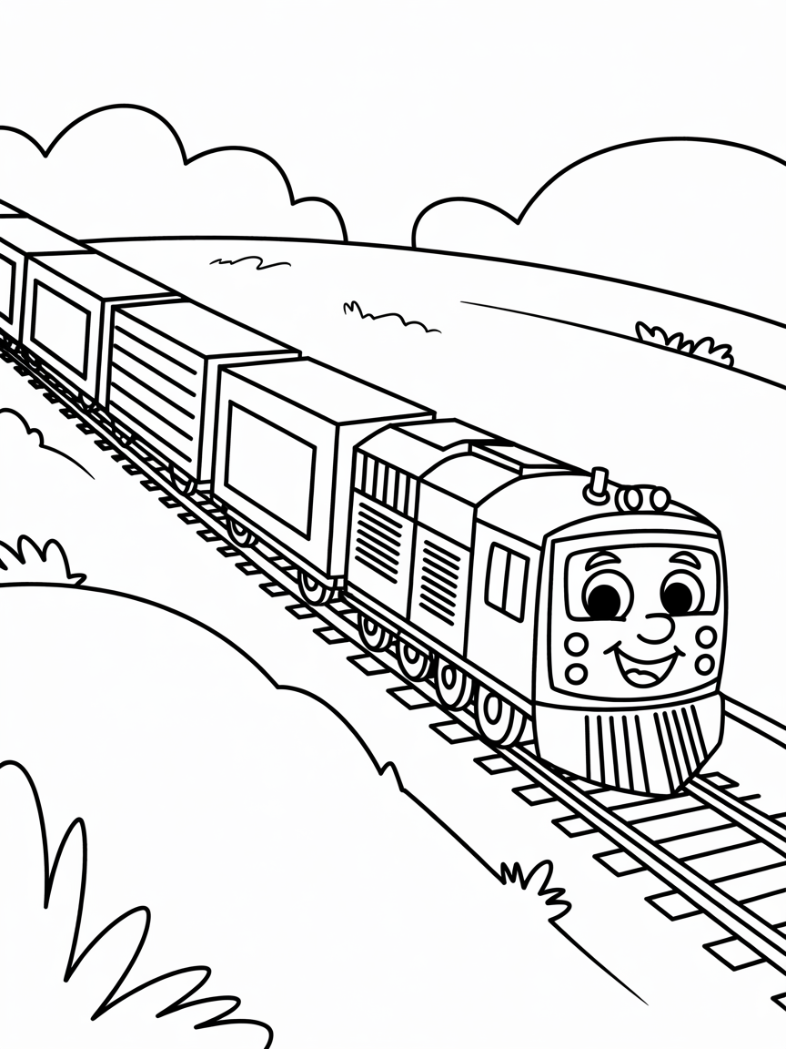 A freight train on tracks - Free Coloring Page