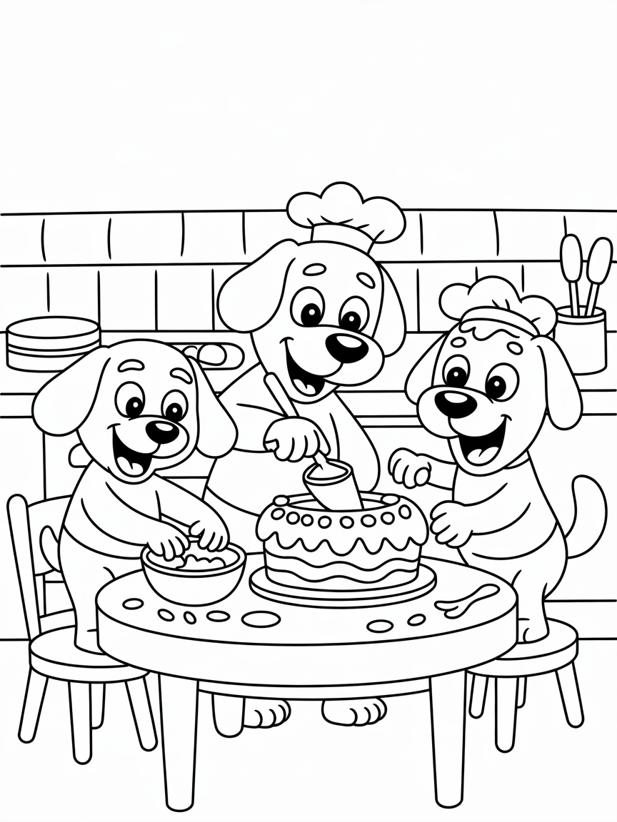 dogs baking cake - Free Coloring Page