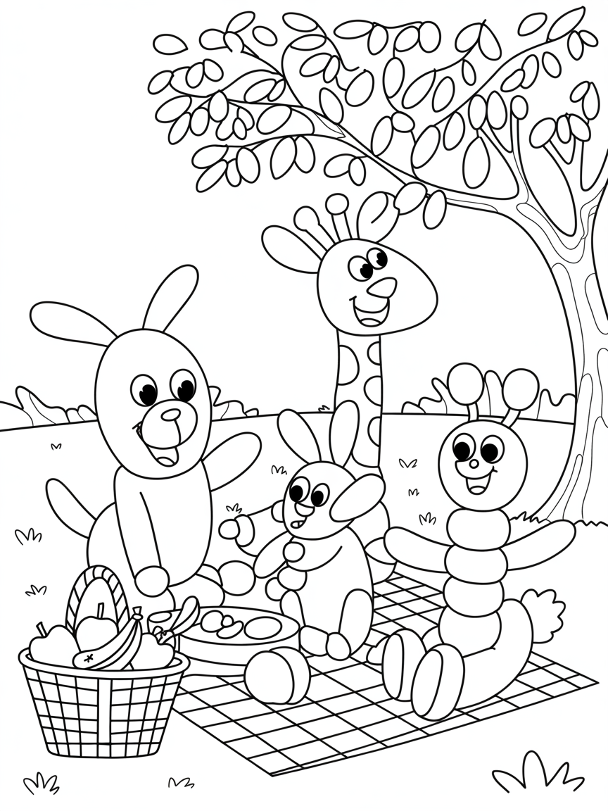 Balloon animals having a picnic - Free Coloring Page