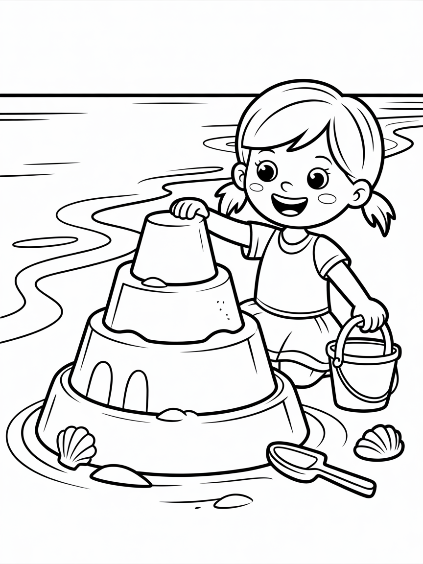A girl building a sand castle on the beach by the sea - Free Coloring Page