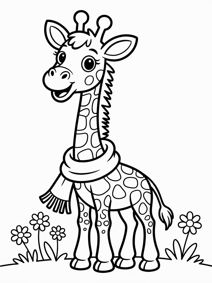 Giraffe wearing a rainbow scarf - Free Coloring Page