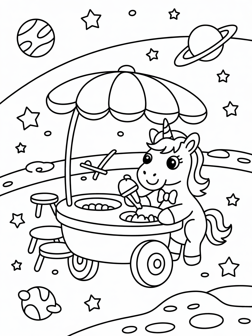 Unicorn ice cream shop in space - Free Coloring Page