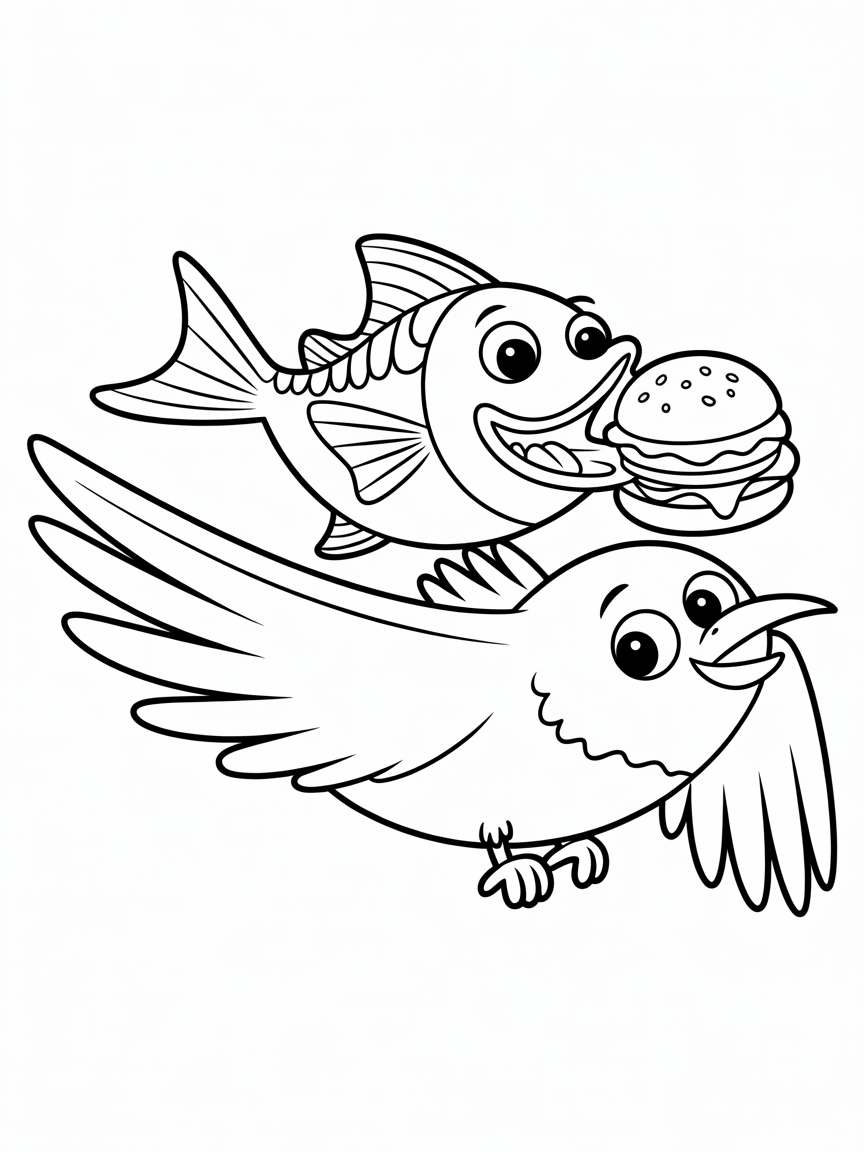 a flying fish eating a burger on a birds back - Free Coloring Page