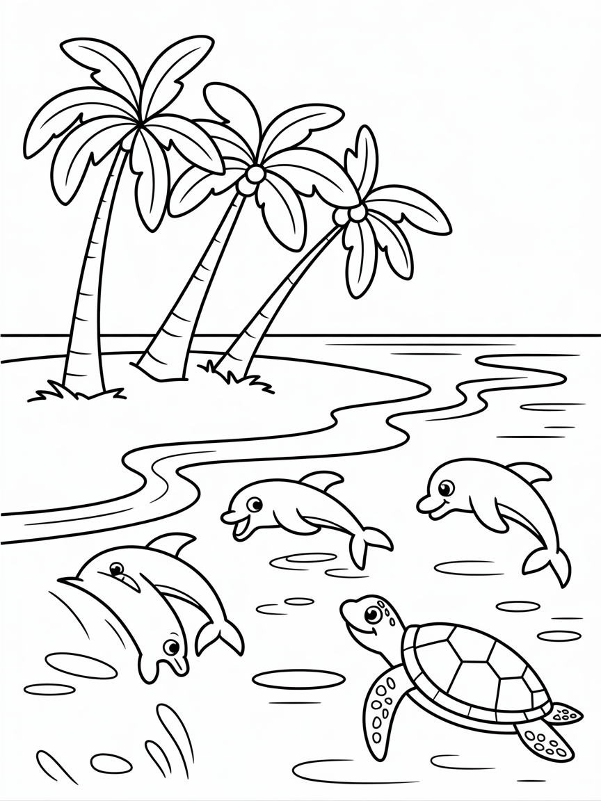 Coconut trees on sandy beaches with turtle and dolphins swimming in the water - Free Coloring Page