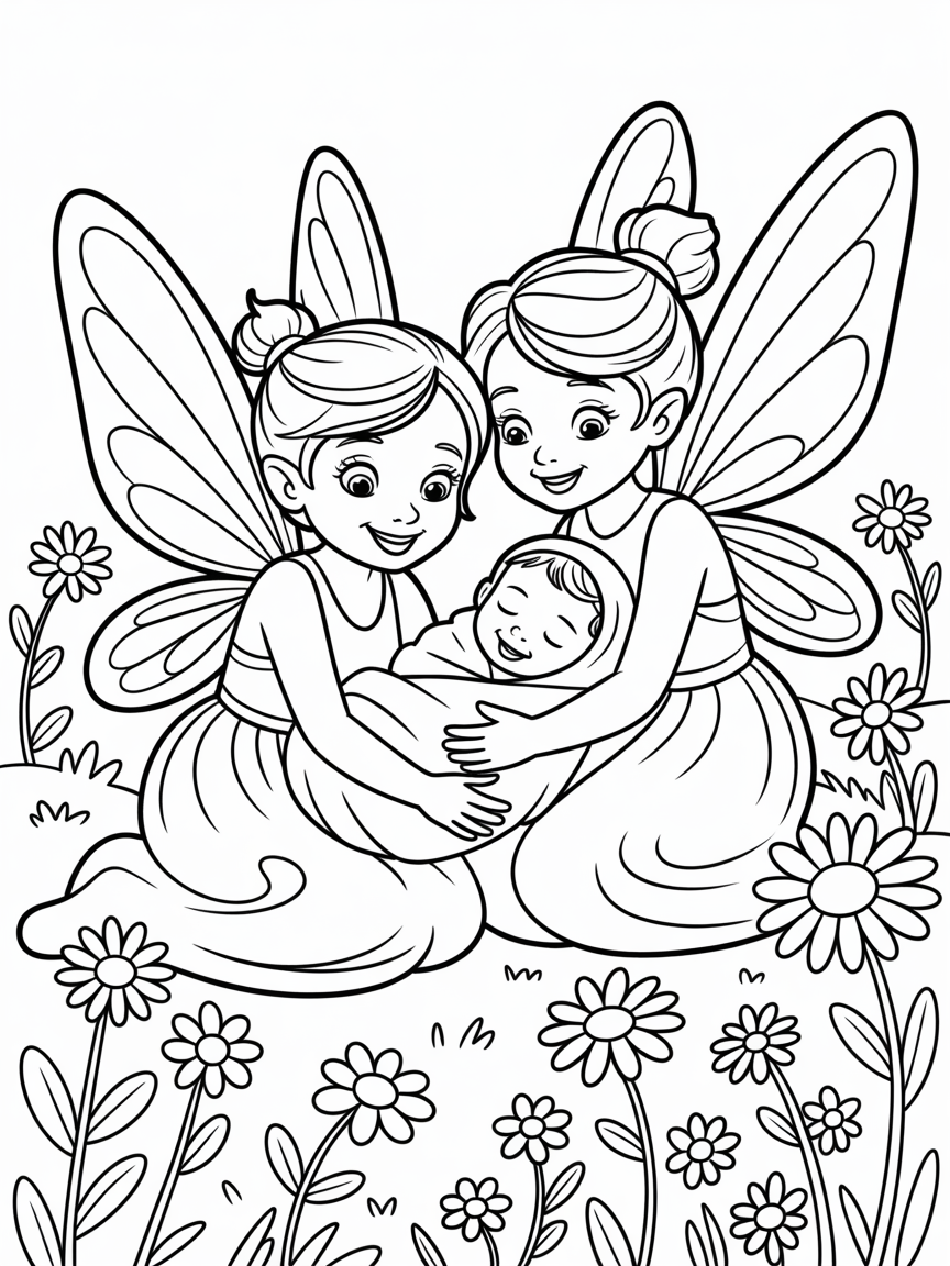 Fairies and a baby - Free Coloring Page