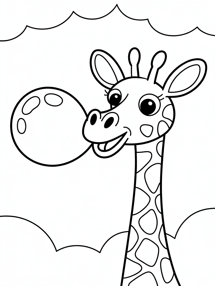 Giraffe blowing colorful bubblegum bubbles - Free Coloring Page