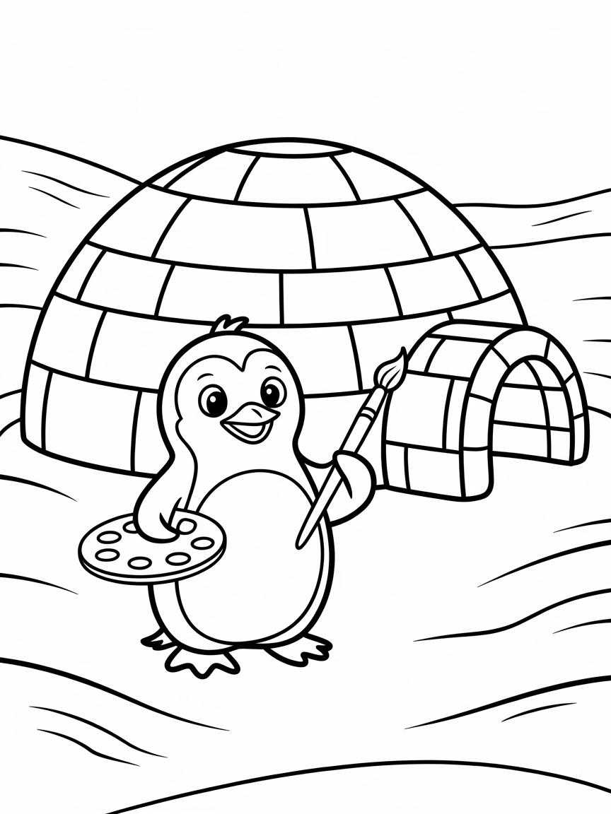 Penguin painting a rainbow igloo - Free Coloring Page