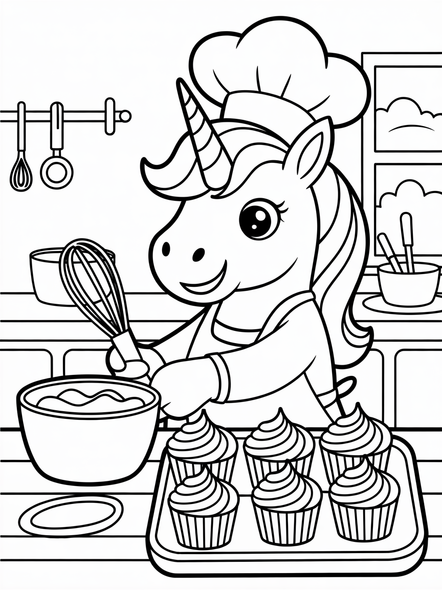 Unicorn chef baking rainbow cupcakes - Free Coloring Page