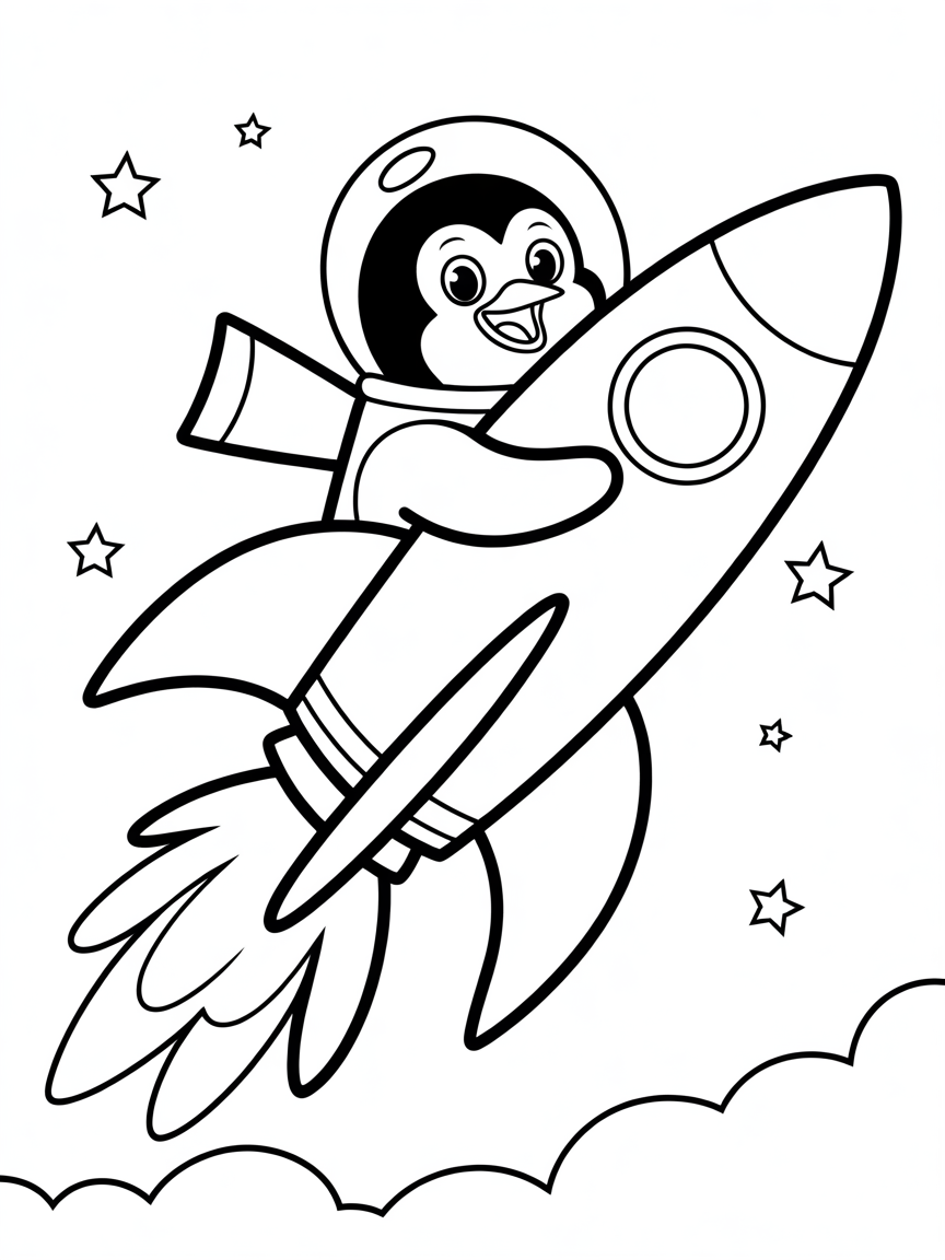 Space penguin flying a rocket - Free Coloring Page