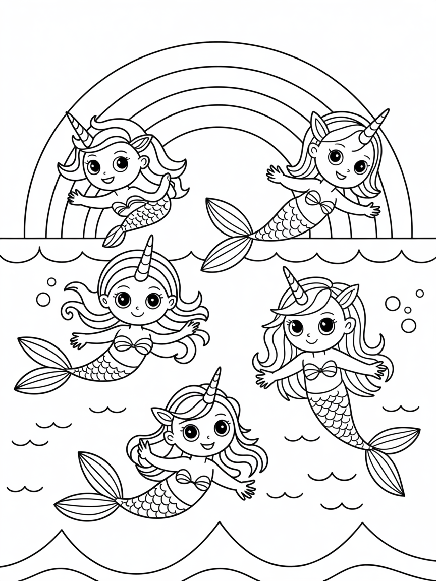 Unicorn rainbow mirmaids - Free Coloring Page