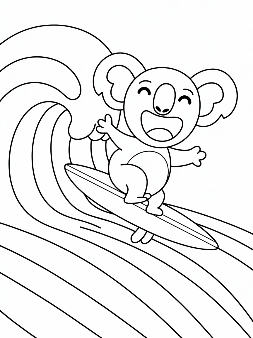 Koala surfing on rainbow waves - Free Coloring Page