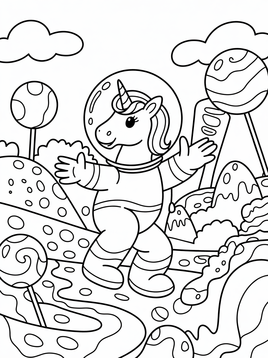 Unicorn astronaut exploring candy planet - Free Coloring Page
