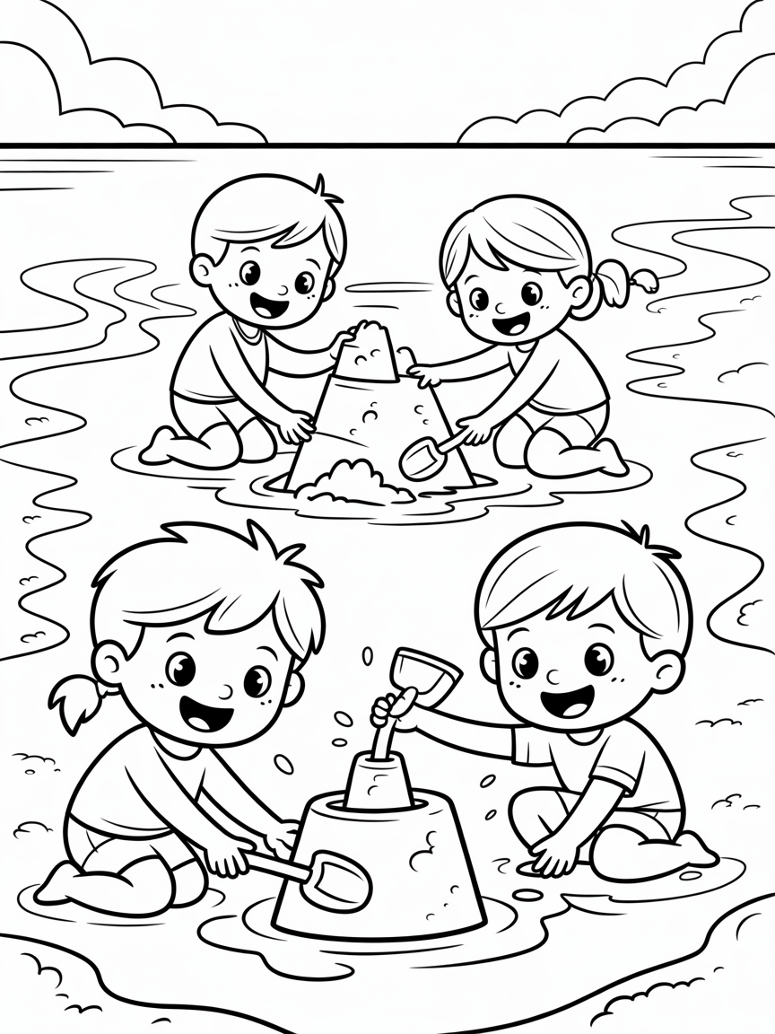 Kids playing on beach - Free Coloring Page