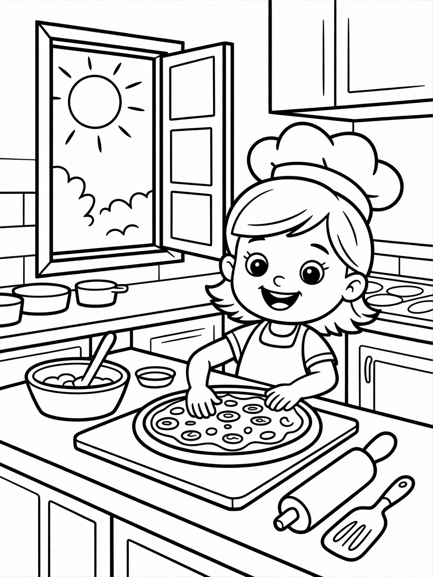 4 year old girl baking pizza during summer vacation - Free Coloring Page