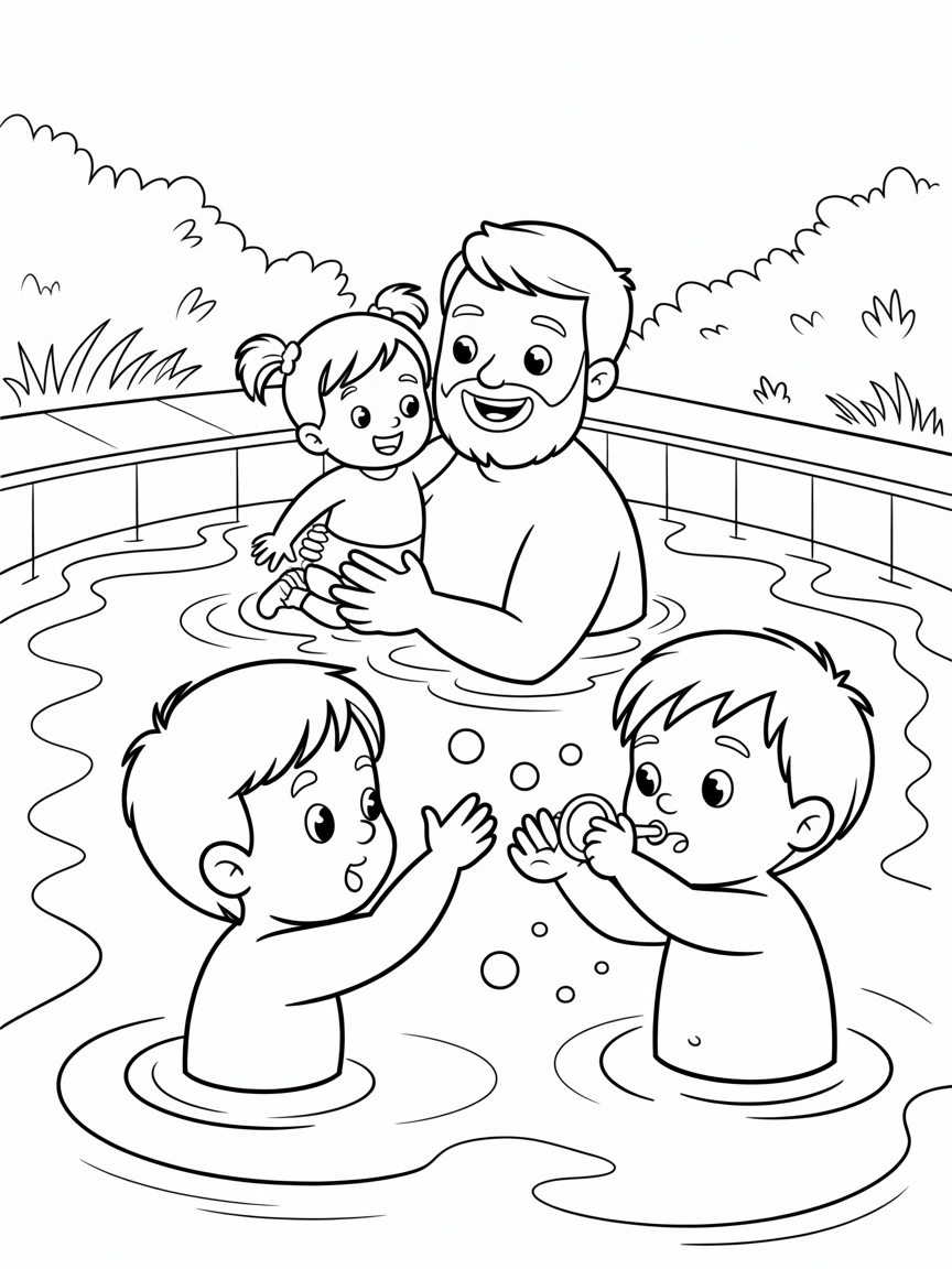 A 3yr old girl, a 6 yr old boy, and a bearded dad swim in a pool - Free Coloring Page