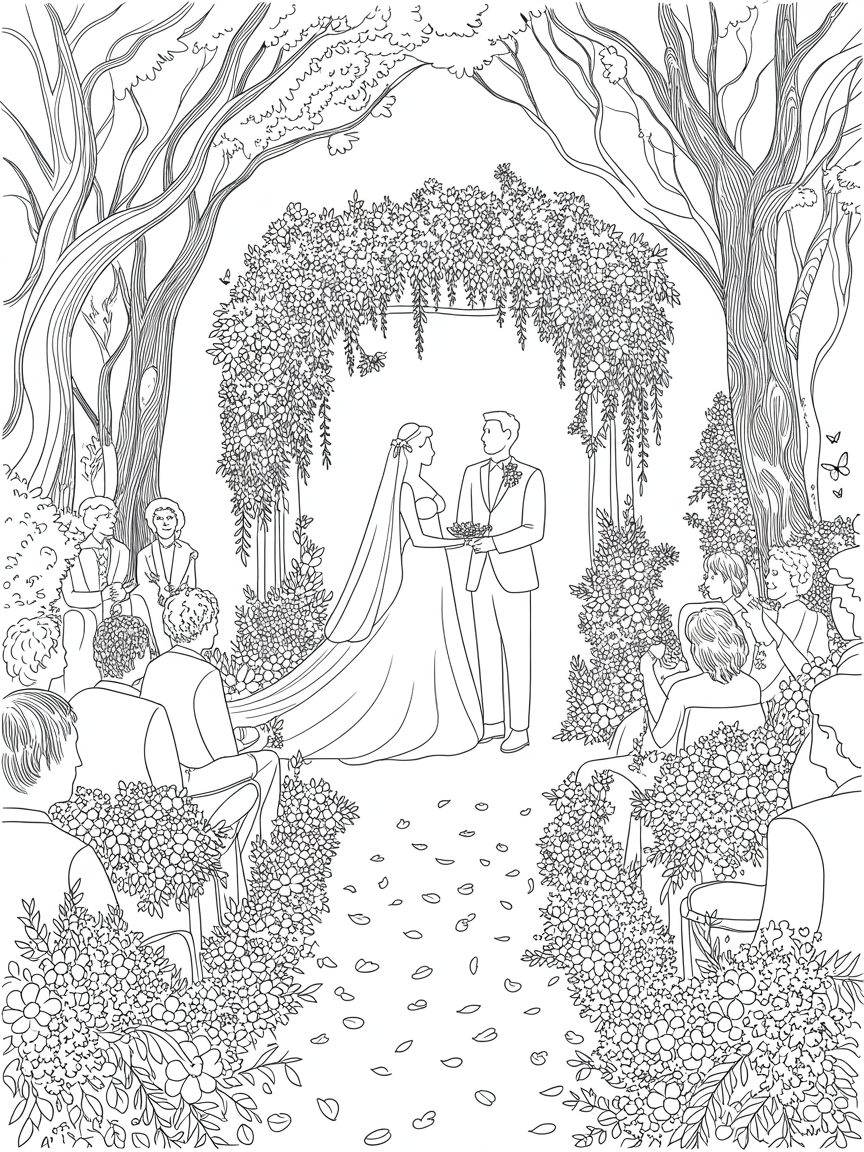 Wedding, love, flowers, trees - Free Coloring Page