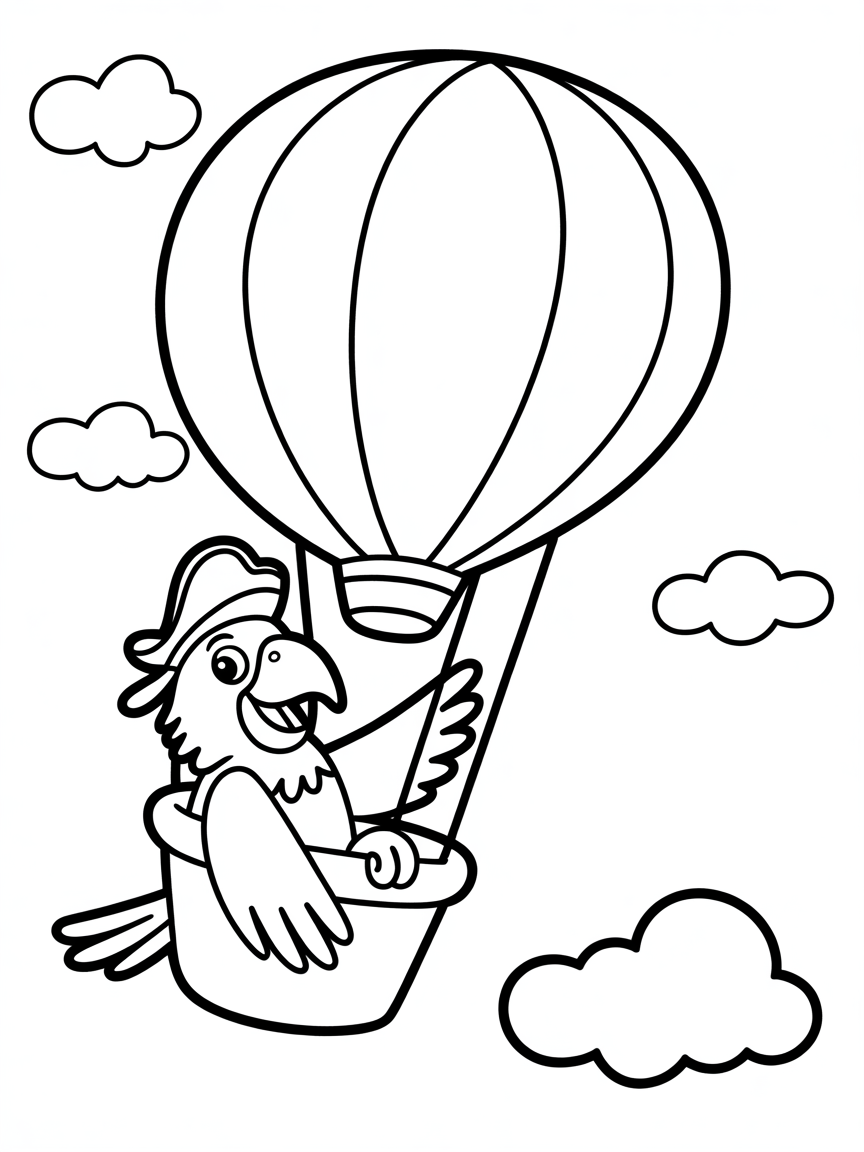 Pirate parrot piloting a hot air balloon - Free Coloring Page