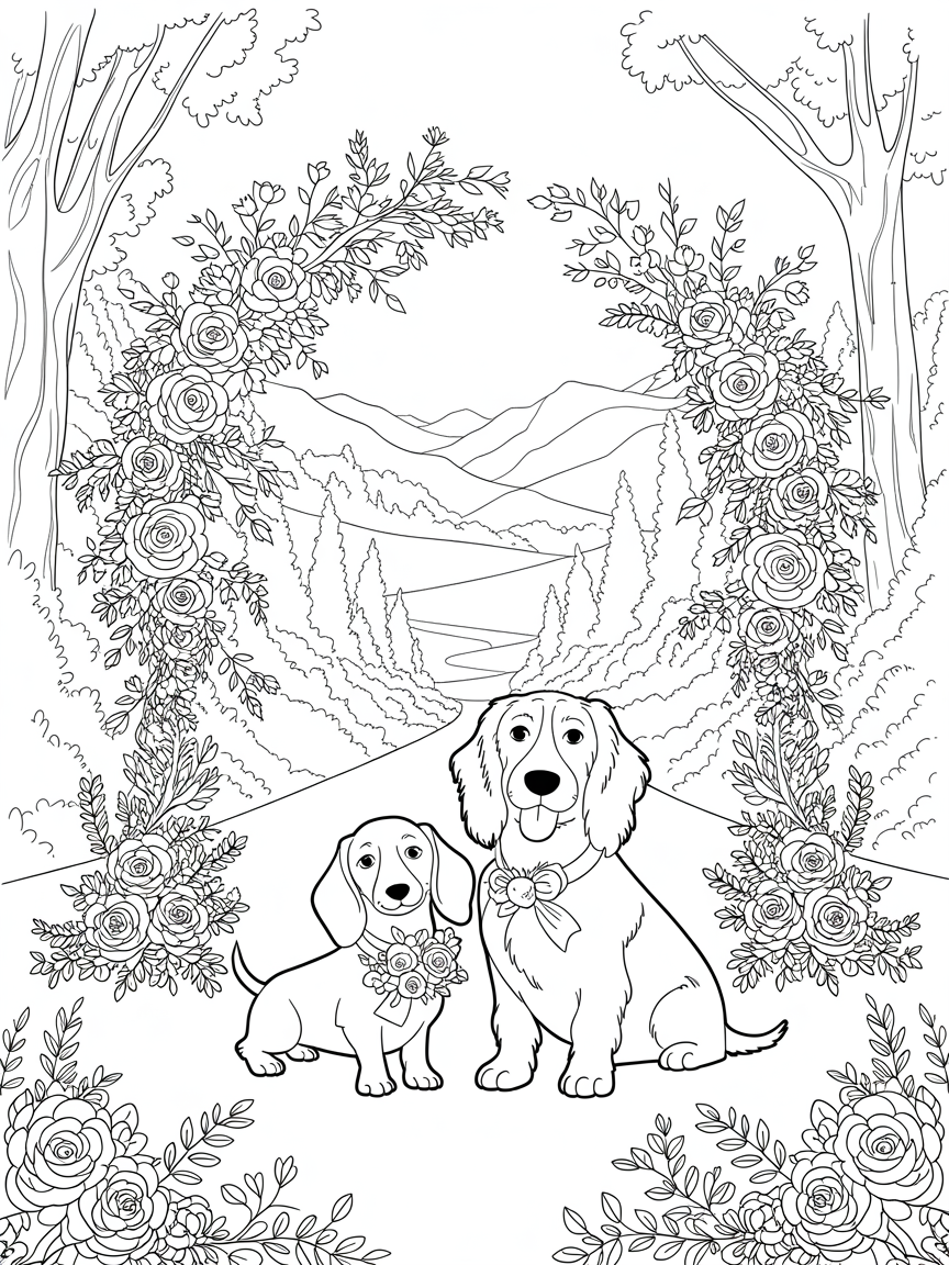 Wedding, love, flowers, trees, national park , dachshund , springer spaniel - Free Coloring Page