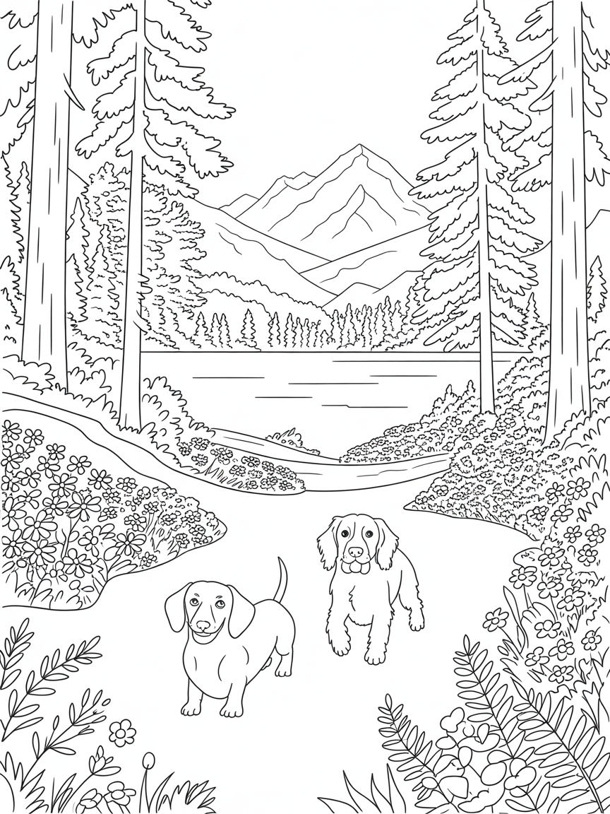 flowers, trees, national park , dachshund , one eye springer spaniel - Free Coloring Page