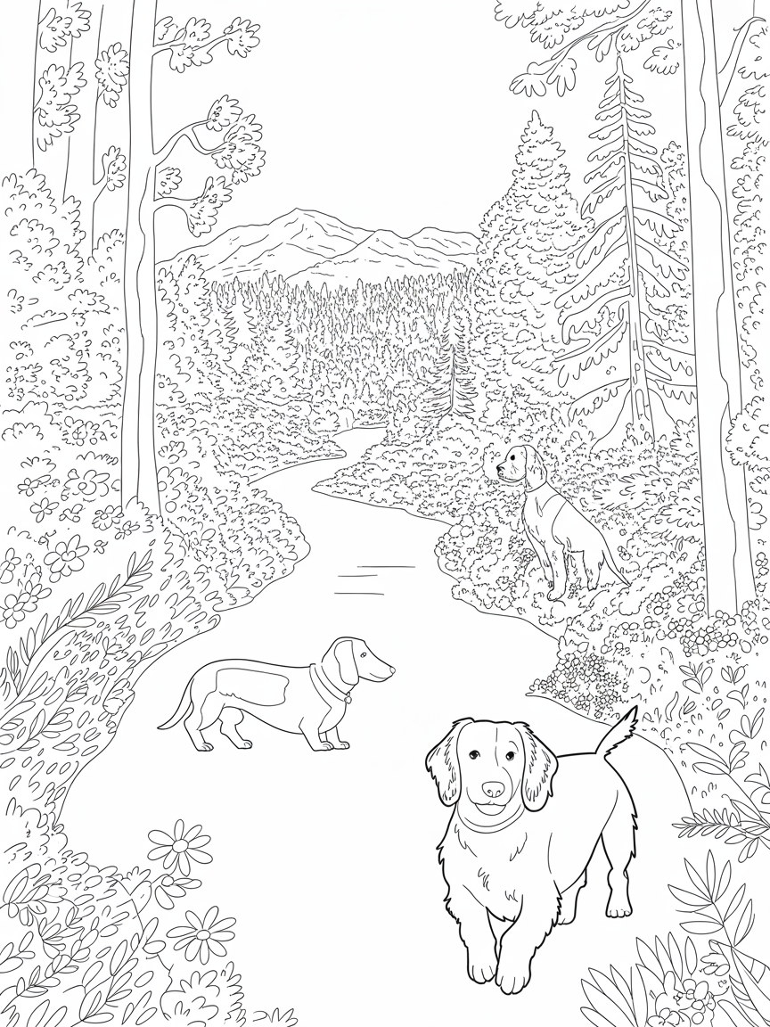 flowers, trees, national park , dachshund , springer spaniel - Free Coloring Page