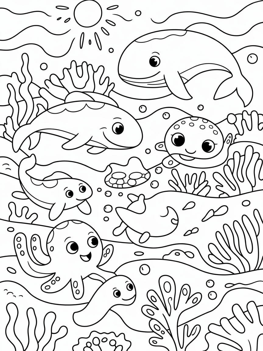 ocean with all kinds of sea creatures - Free Coloring Page
