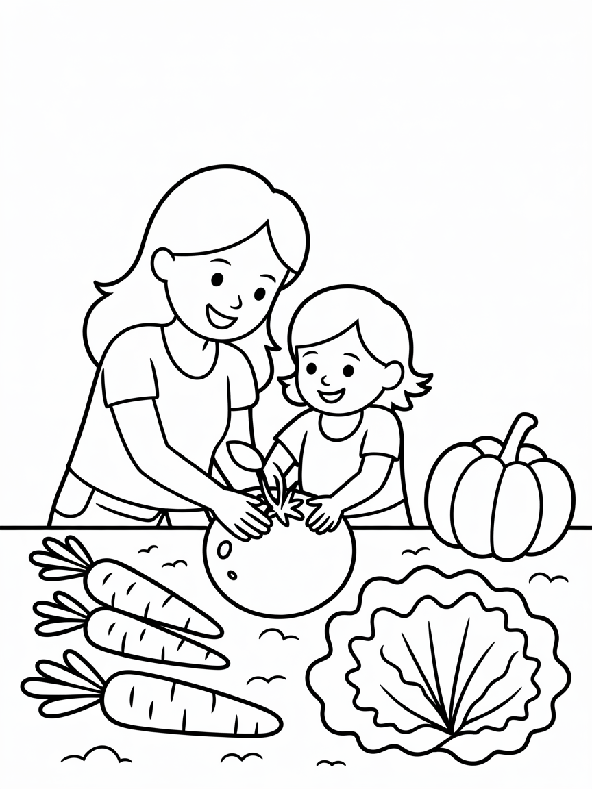 mon with her daughter gardening vegetables - Free Coloring Page