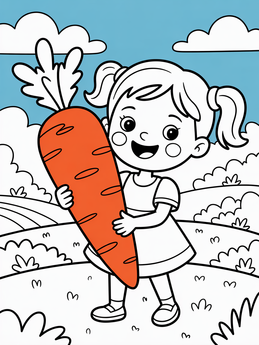 a kid girl holding a carrot - Free Coloring Page