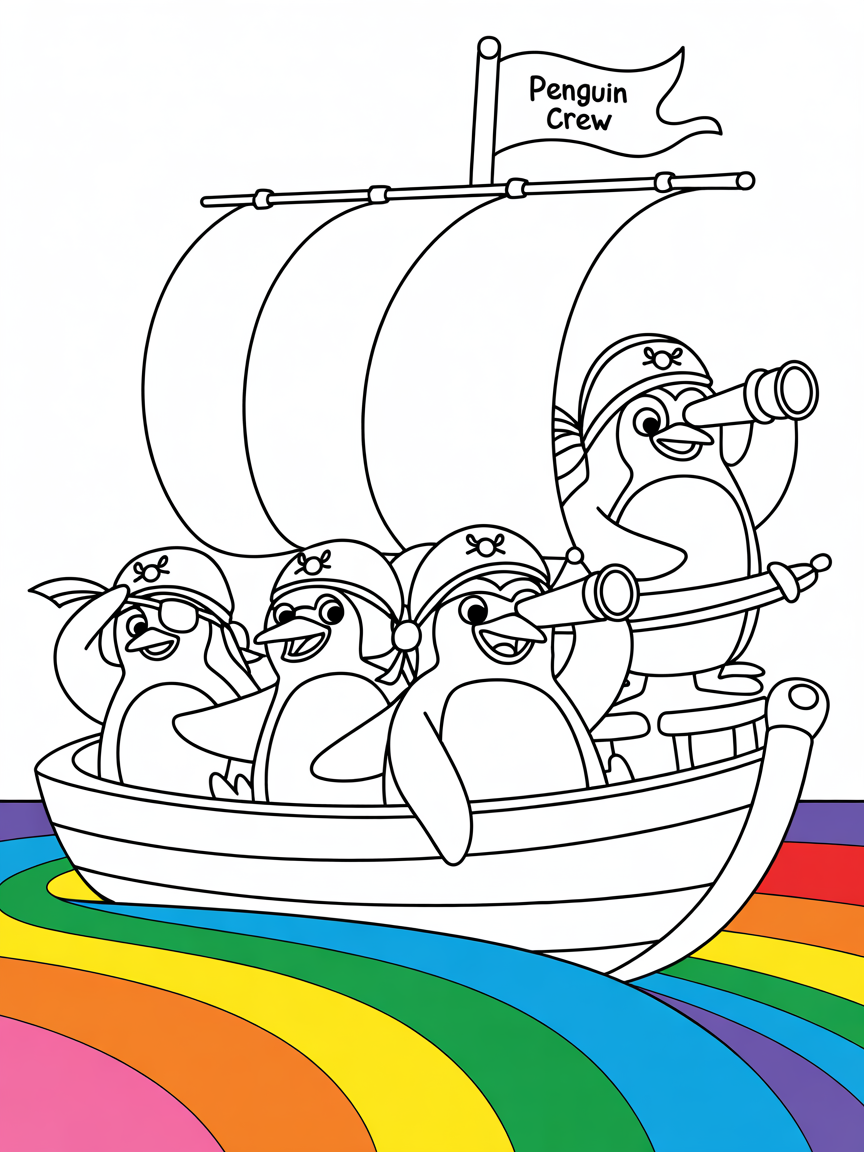Pirate penguins sailing rainbow seas - Free Coloring Page